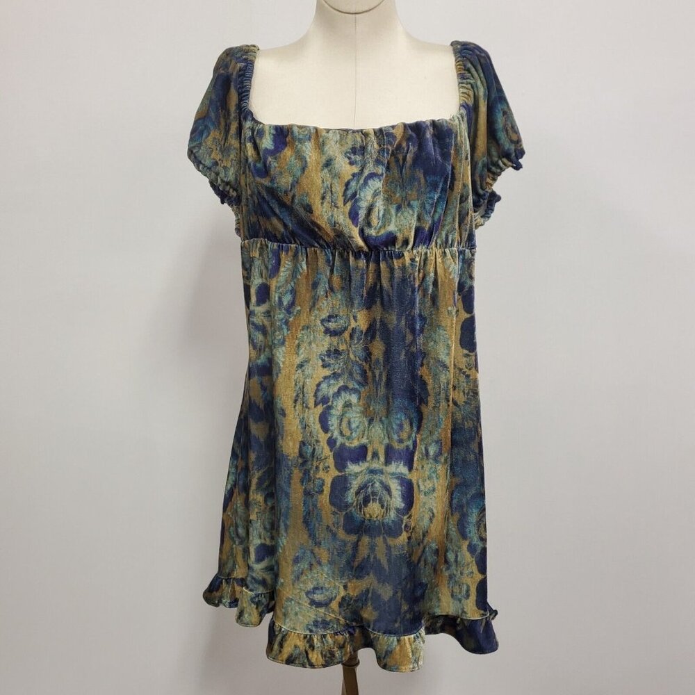 Urban Outfitters Blue and Gold Textured Floral Empire Mini Dress
